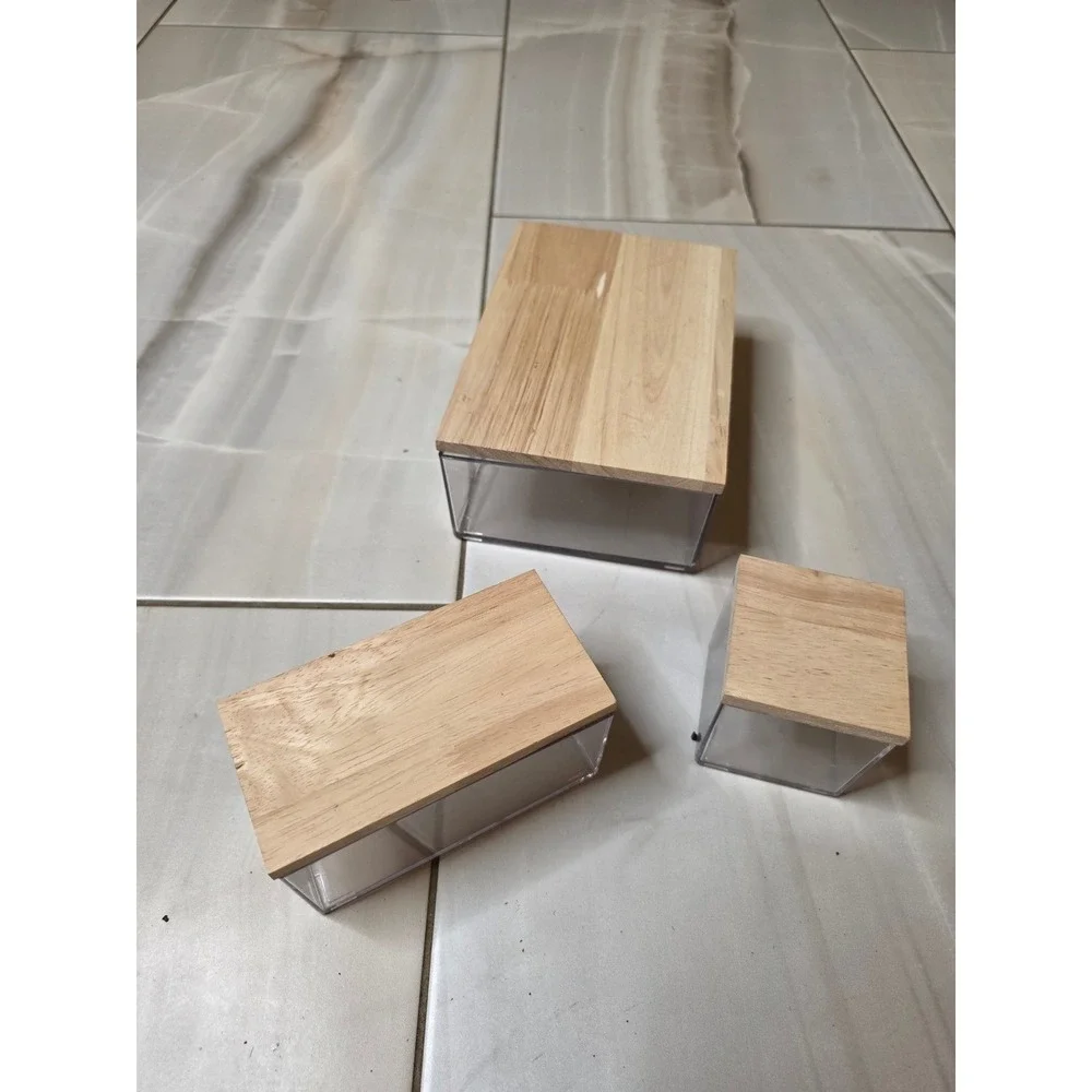 3‎ Piece Clear Acrylic Storage Bin Set with Wood Lids Nesting Organizers